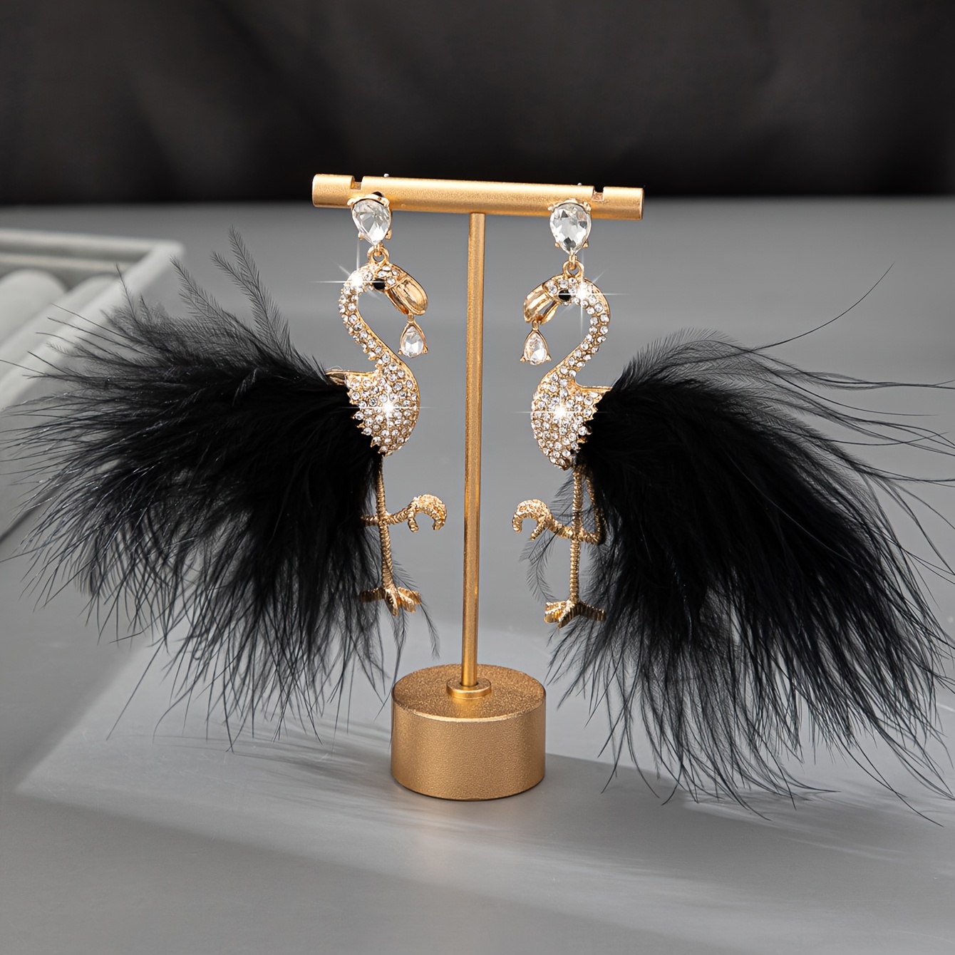 Flamingo Feather Earrings with Rhinestones